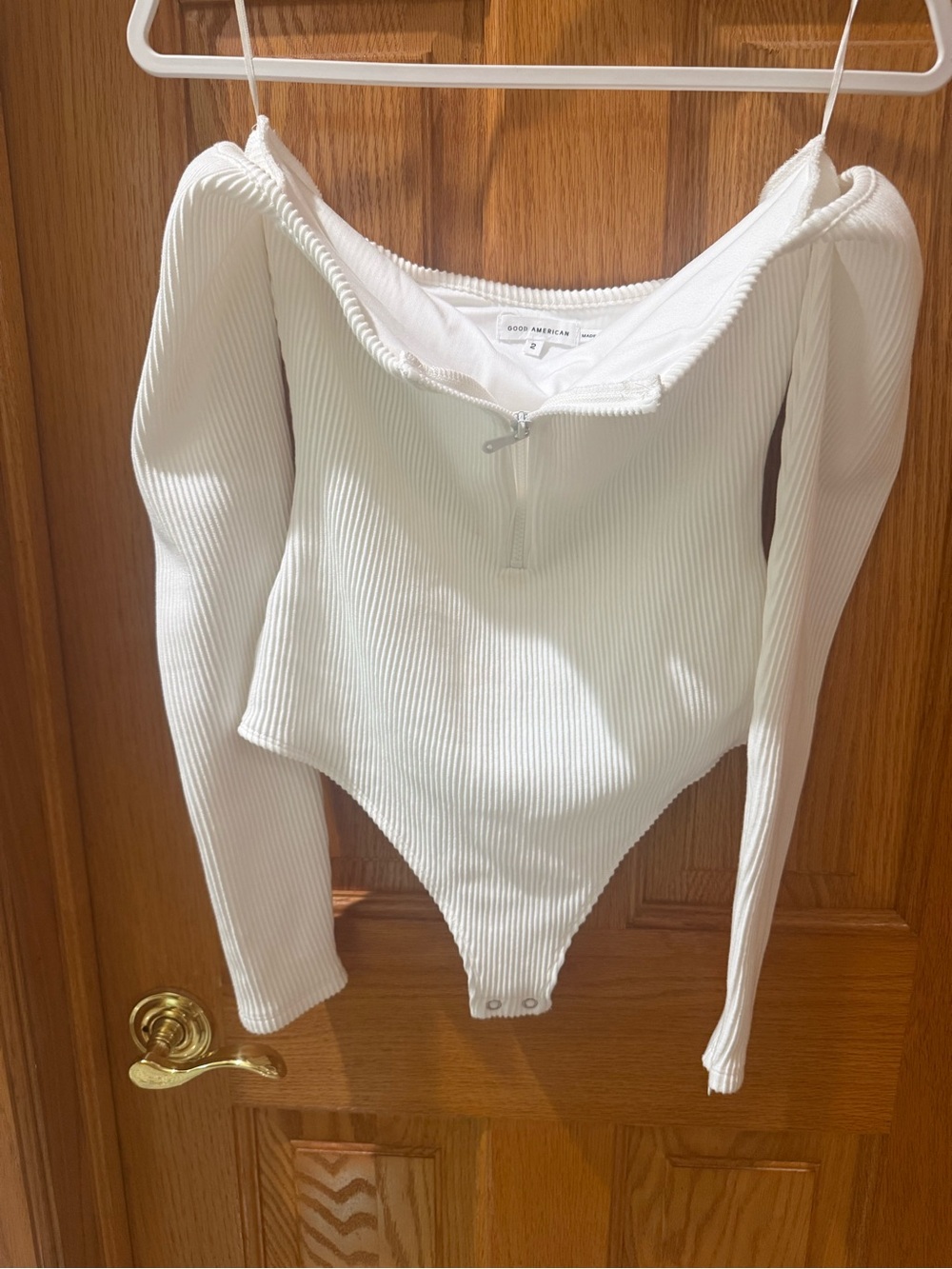 Good American White Ribbed Zip-Front Bodysuit